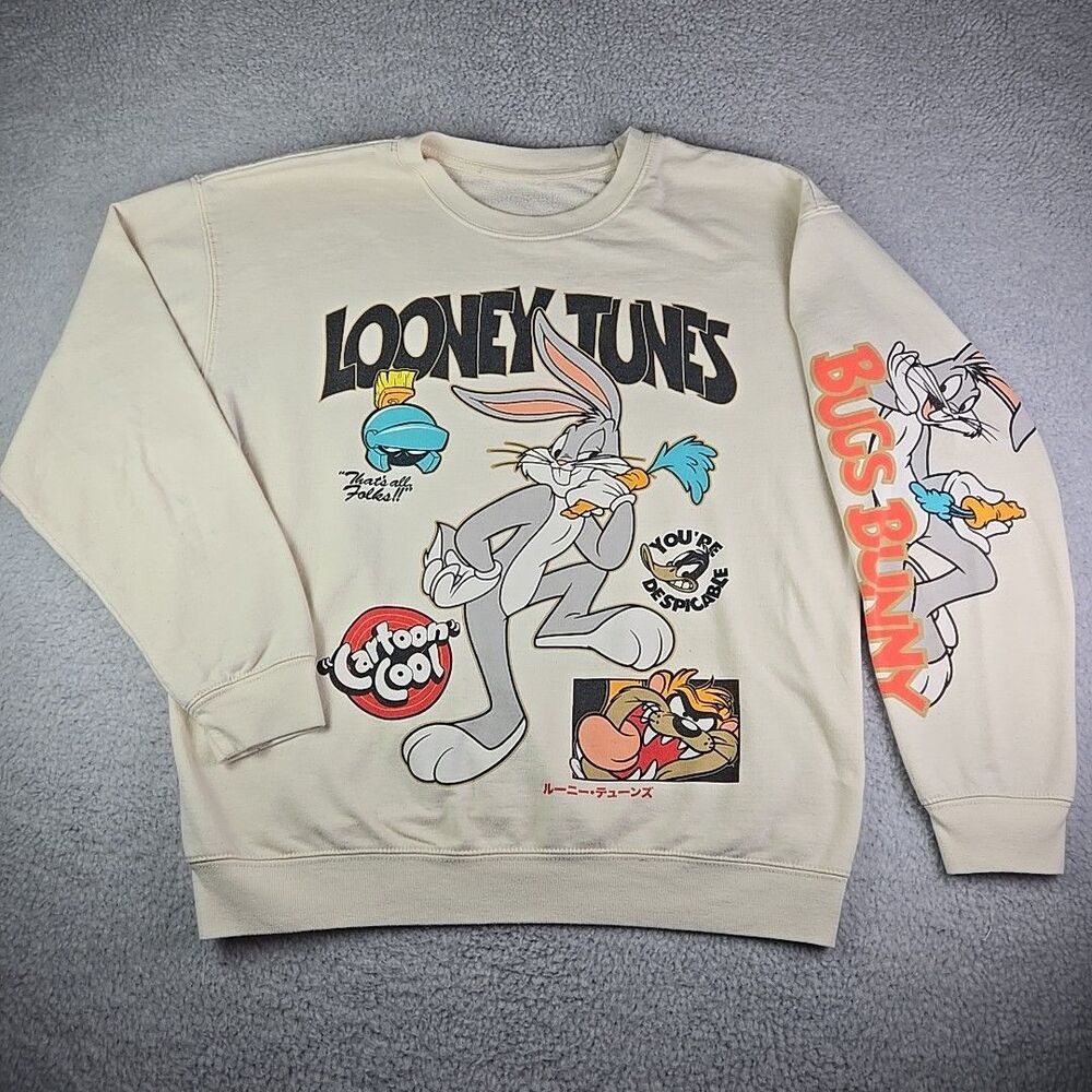 Looney Tunes Crewneck Sweatshirt Mens Large Beige Bugs Bunny Taz Marvin Martian